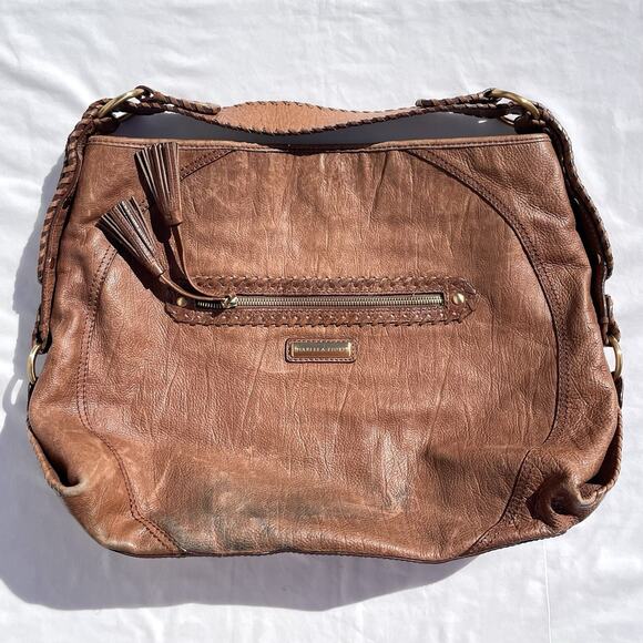 Isabella Fiore Brown Leather Hobo Bag Satchel Purse Braided Detail - Picture 3 of 11